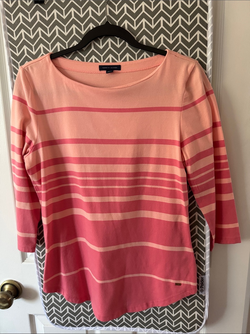 Tommy Hilfiger Peach and Pink Striped Boatneck Long Sleeve Top